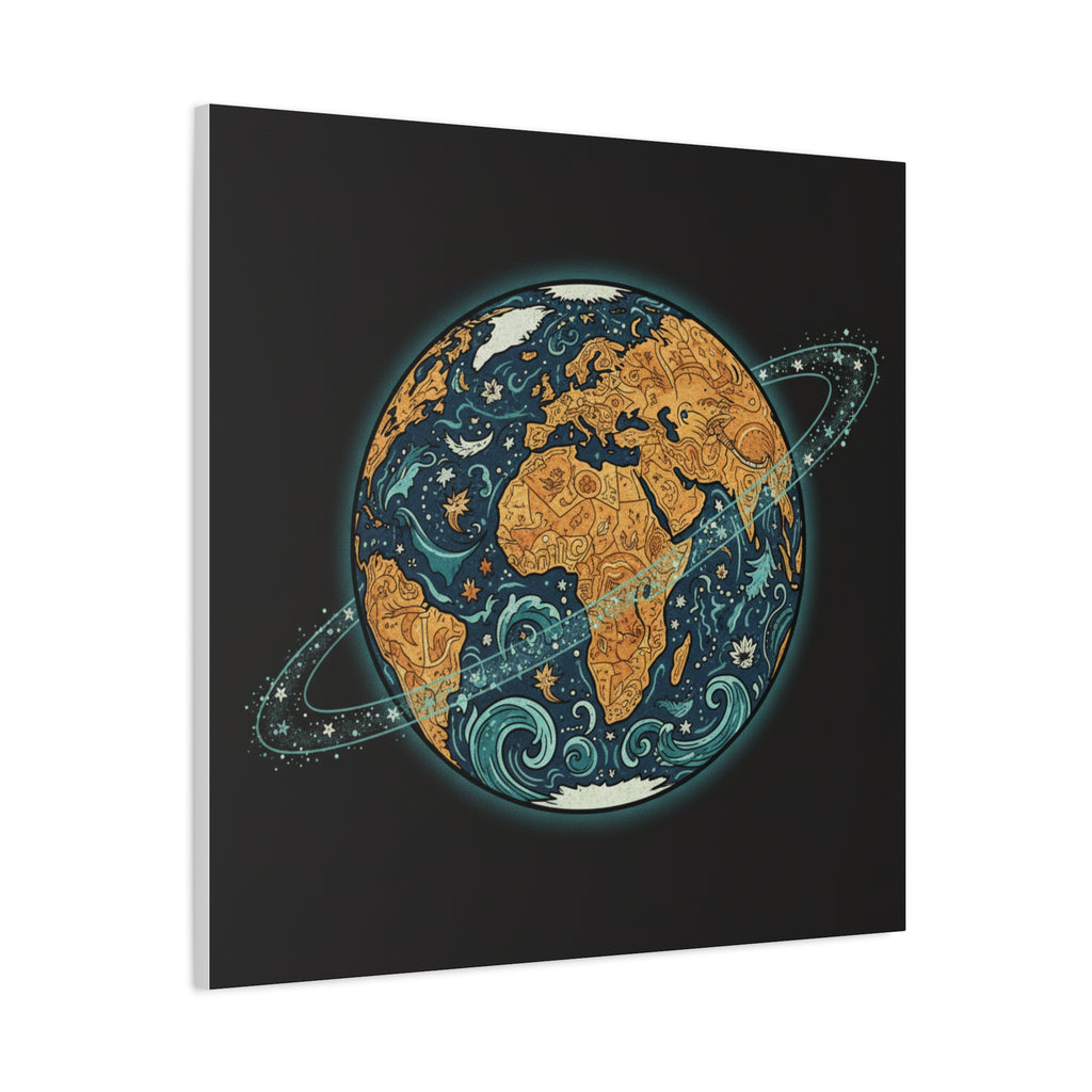 Cosmic Earth Matte Canvas Print — Illustrated Planet with Ocean Waves & Starry Rings