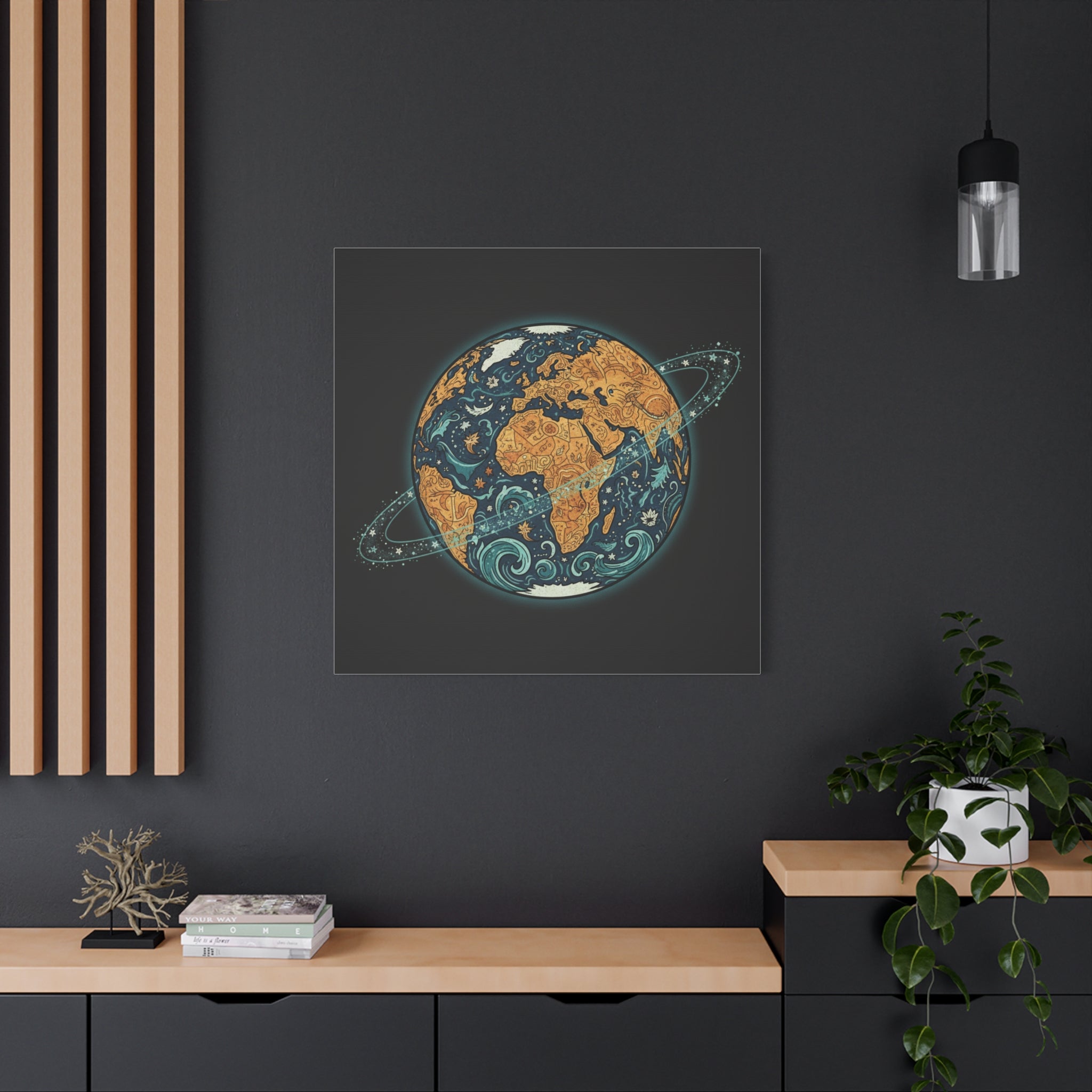 Cosmic Earth Matte Canvas Print — Illustrated Planet with Ocean Waves & Starry Rings
