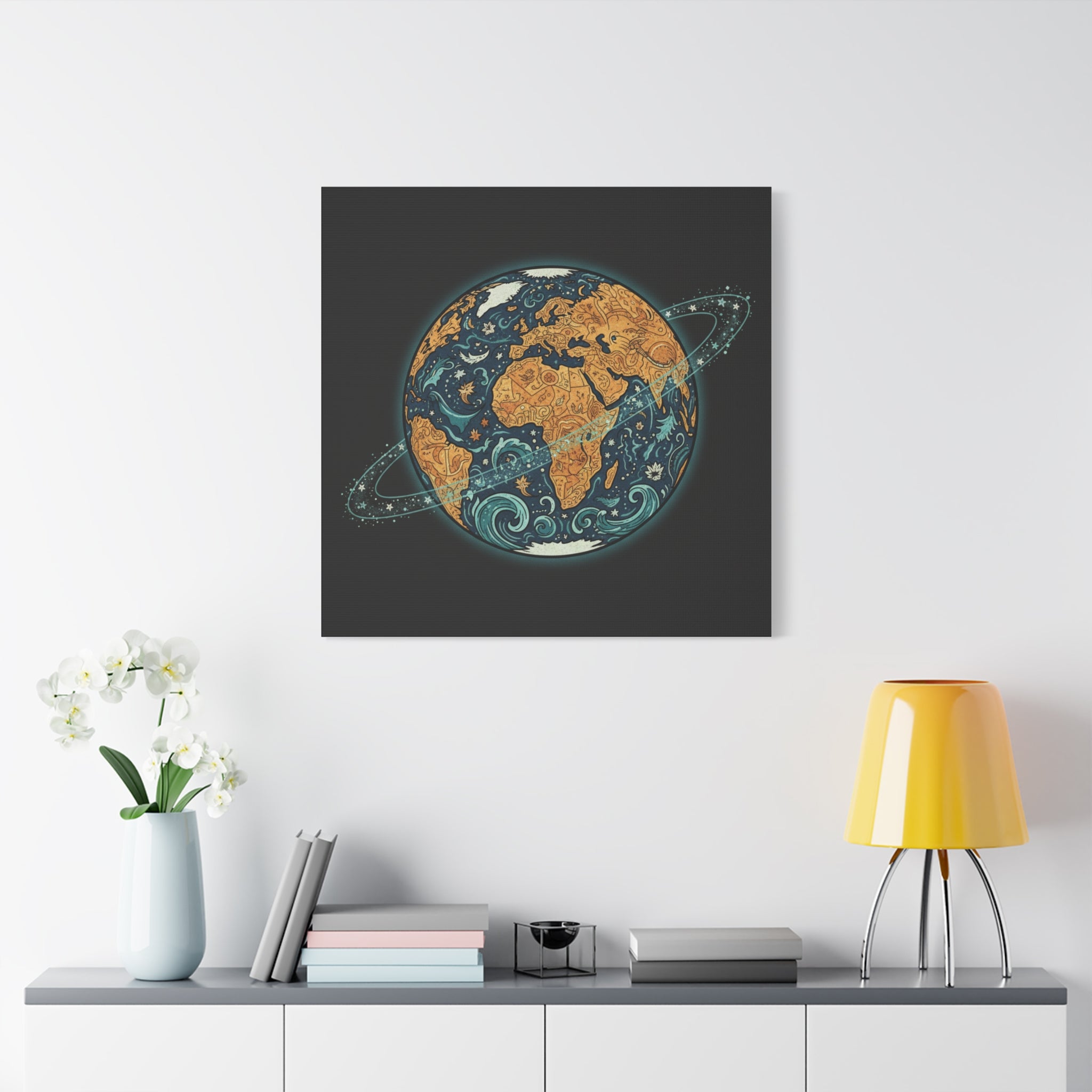 Cosmic Earth Matte Canvas Print — Illustrated Planet with Ocean Waves & Starry Rings