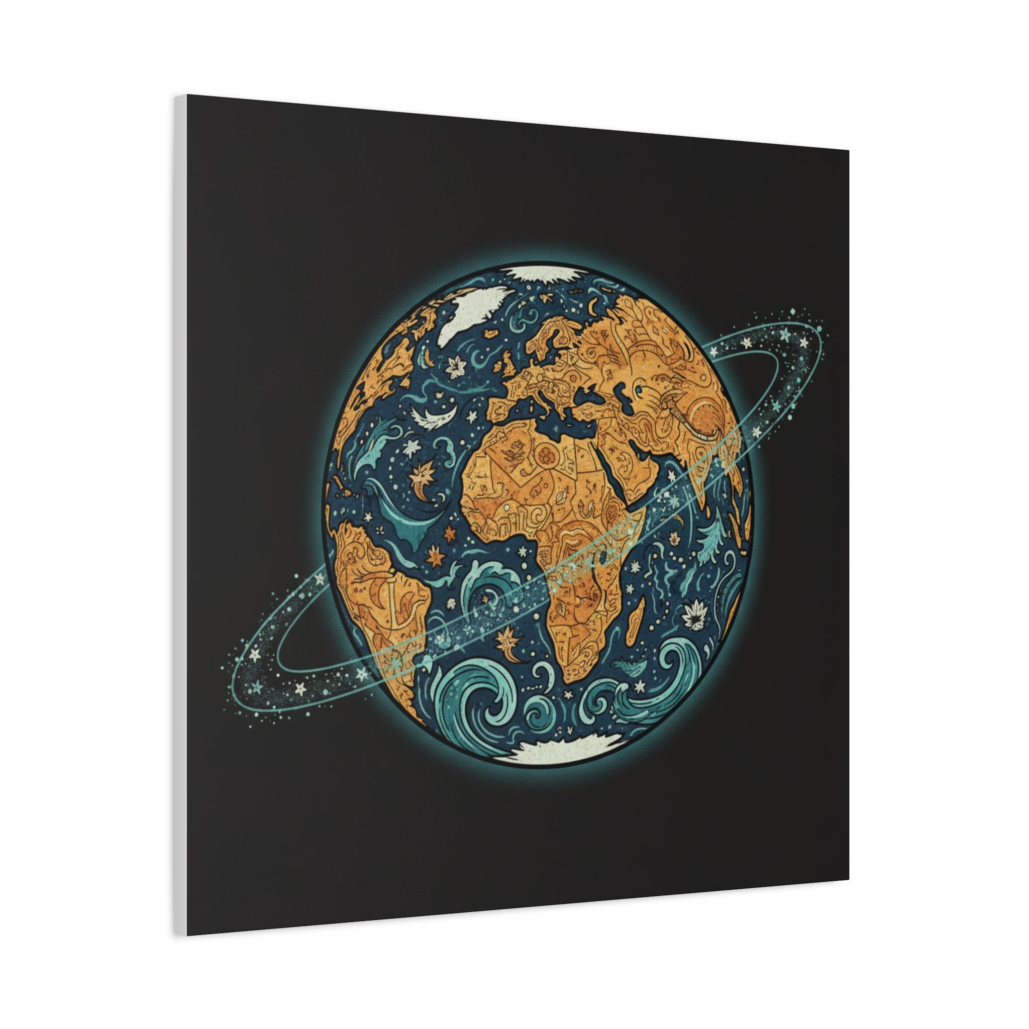 Cosmic Earth Matte Canvas Print — Illustrated Planet with Ocean Waves & Starry Rings