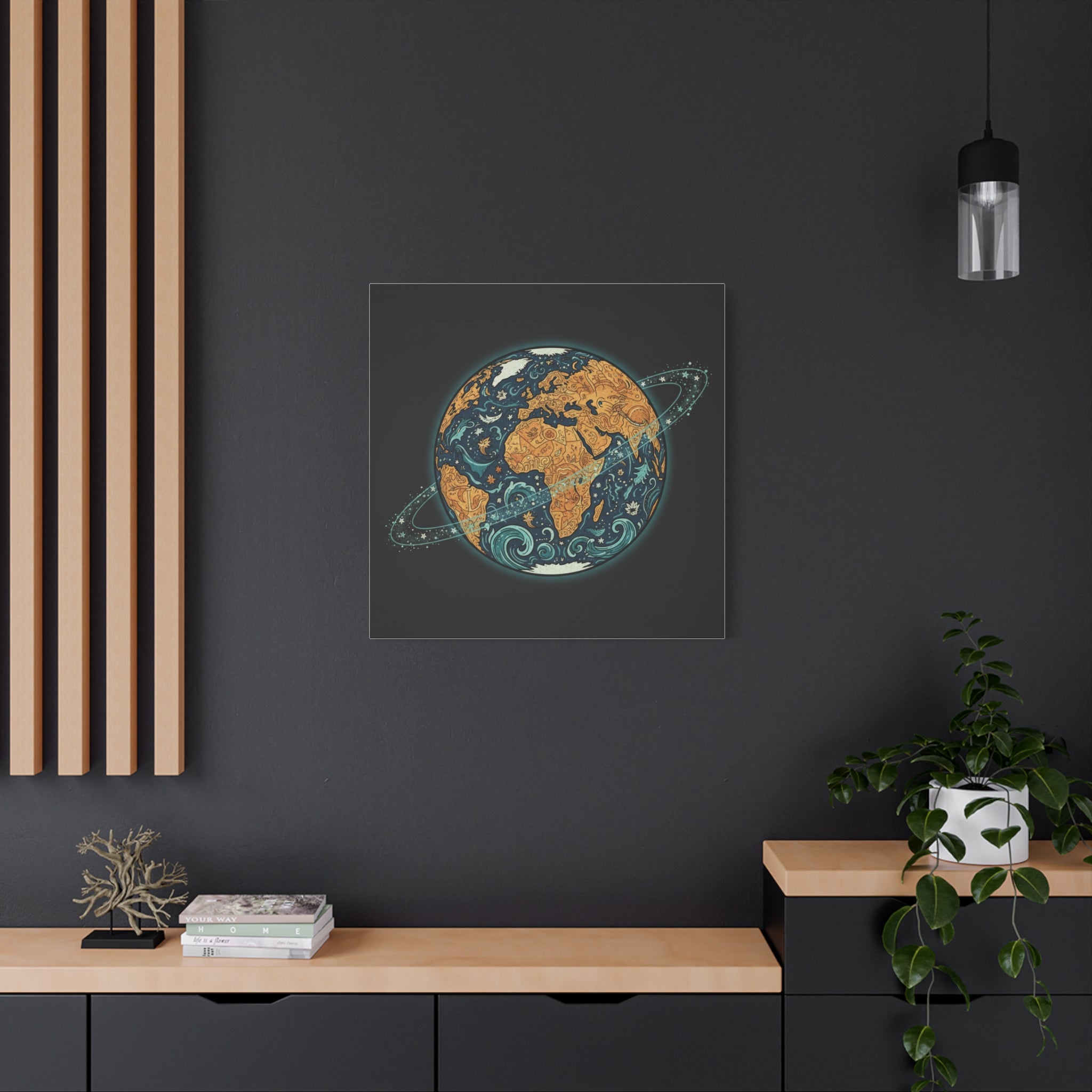 Cosmic Earth Matte Canvas Print — Illustrated Planet with Ocean Waves & Starry Rings