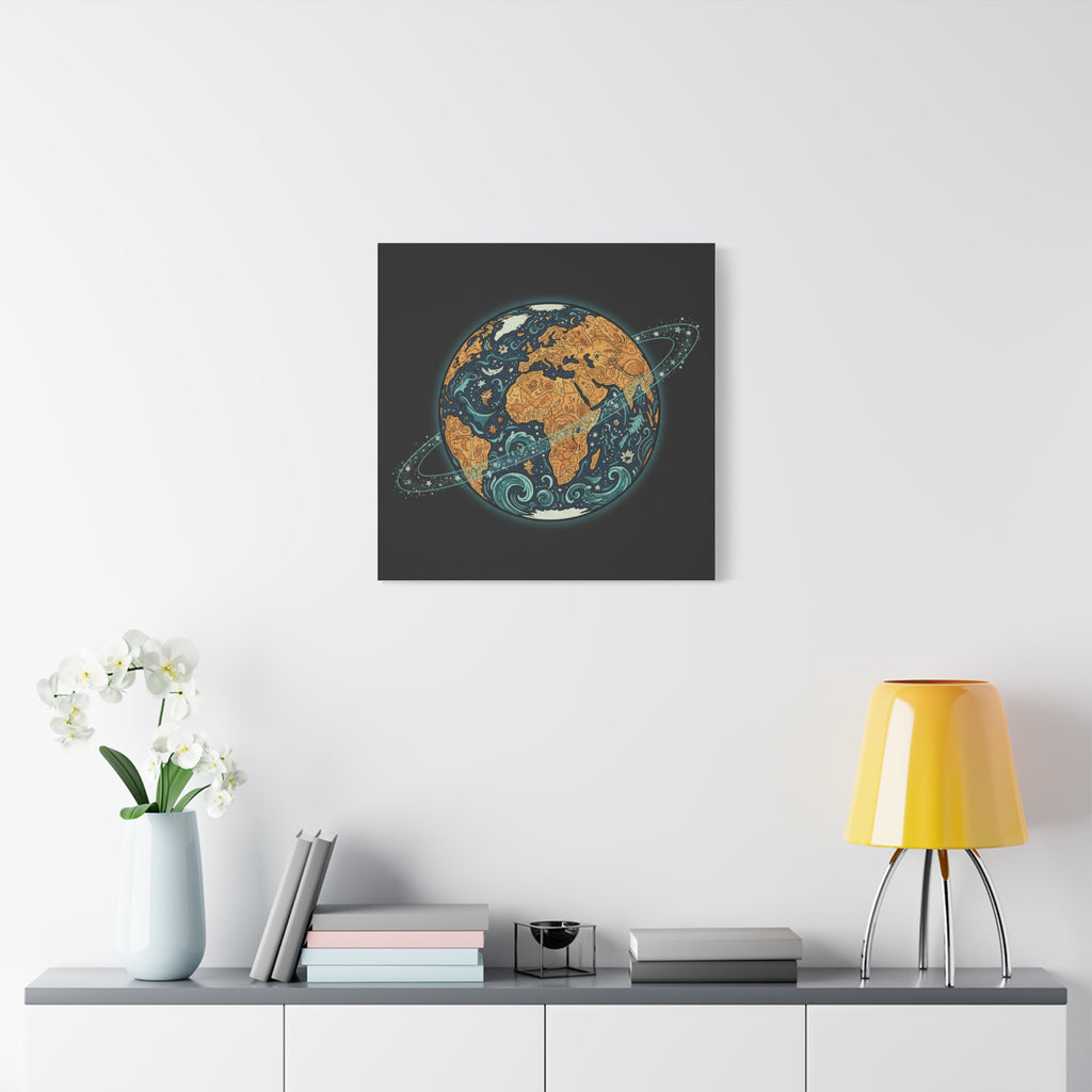Cosmic Earth Matte Canvas Print — Illustrated Planet with Ocean Waves & Starry Rings