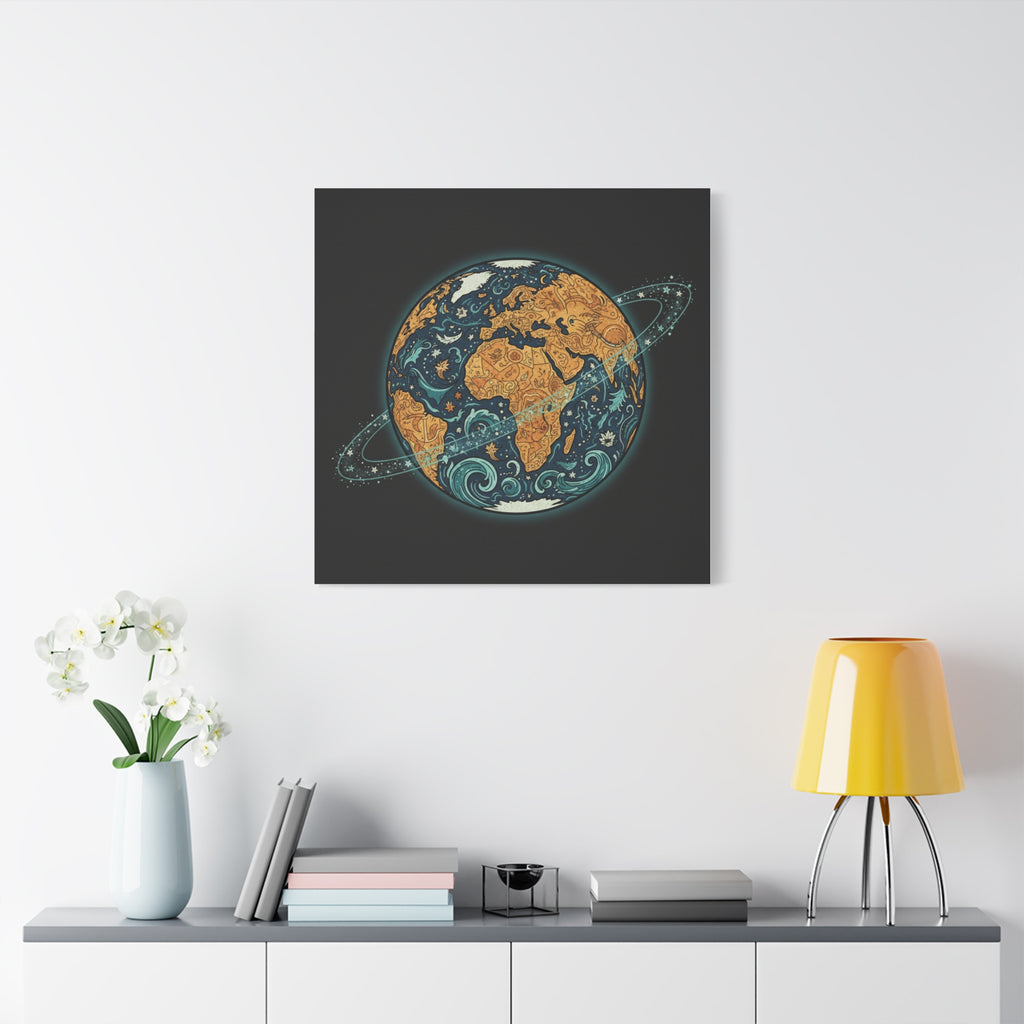 Cosmic Earth Matte Canvas Print — Illustrated Planet with Ocean Waves & Starry Rings