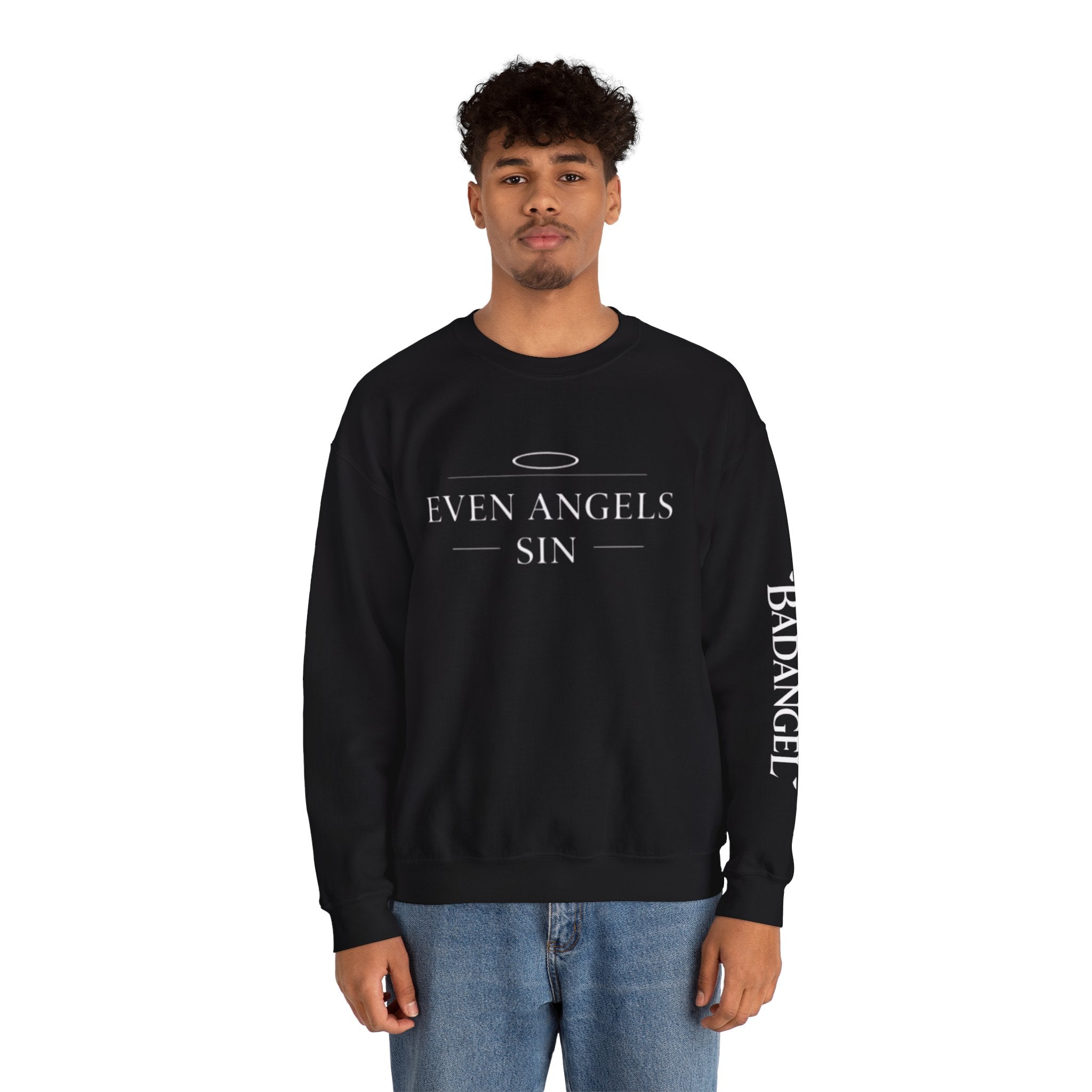 Crewneck Sweatshirt "Even Angels Sin" — Subtle Halo & Wings Graphic