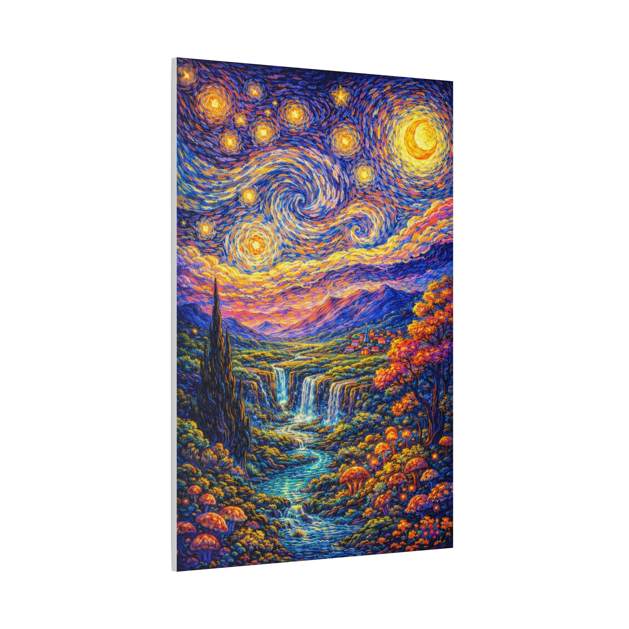 Starry Fantasy Landscape Matte Canvas Print — Vibrant Van Gogh‑Style Wall Art