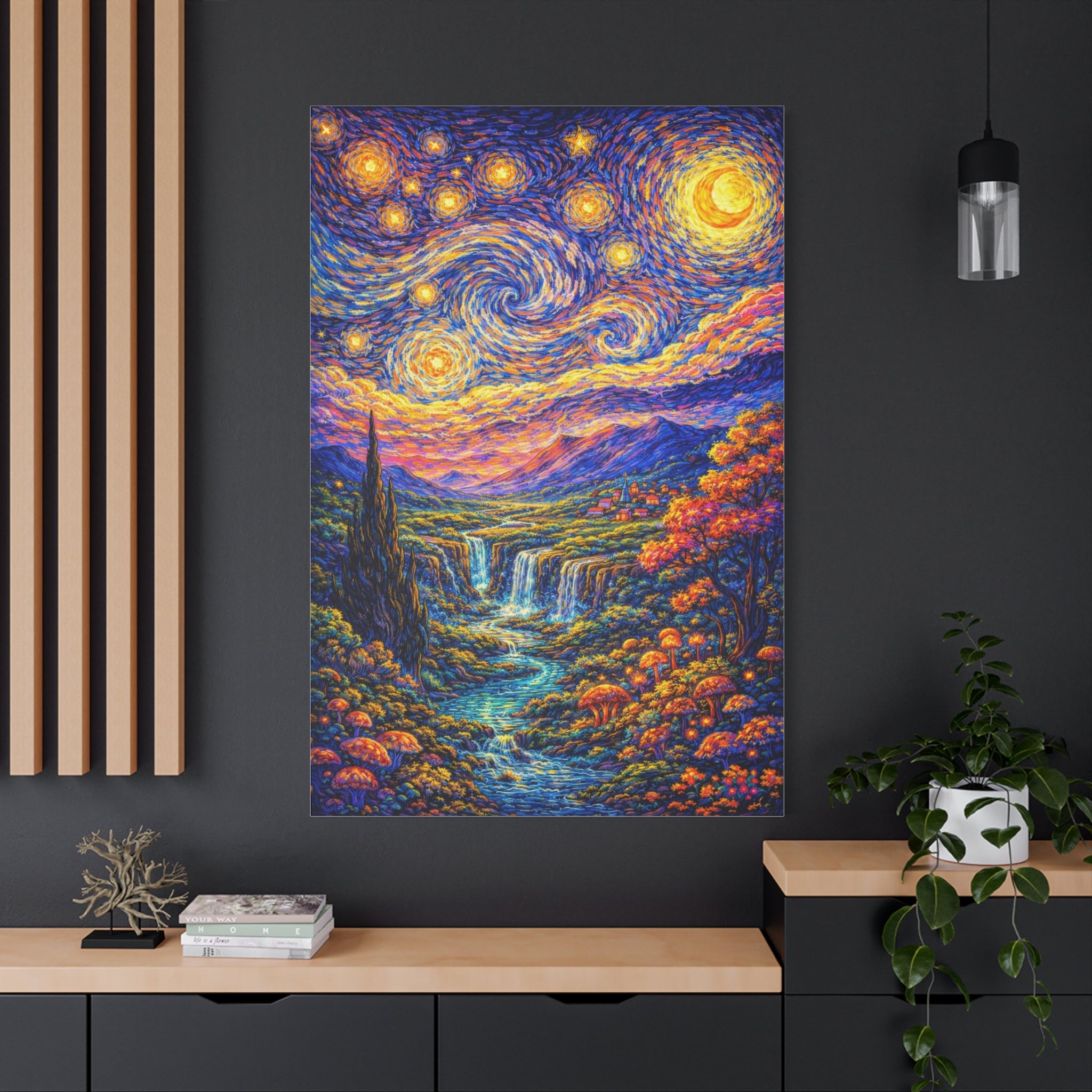 Starry Fantasy Landscape Matte Canvas Print — Vibrant Van Gogh‑Style Wall Art