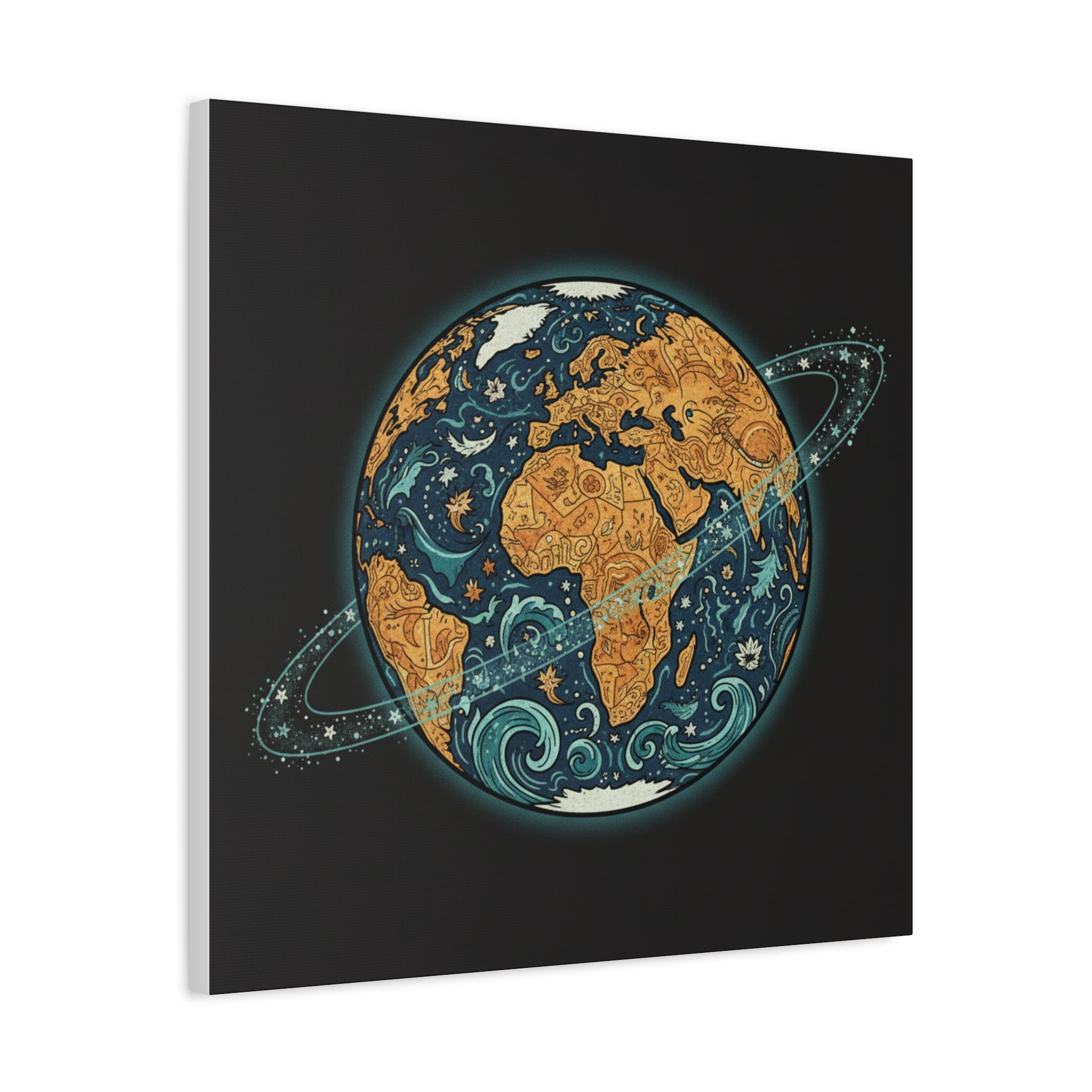 Cosmic Earth Matte Canvas Print — Illustrated Planet with Ocean Waves & Starry Rings