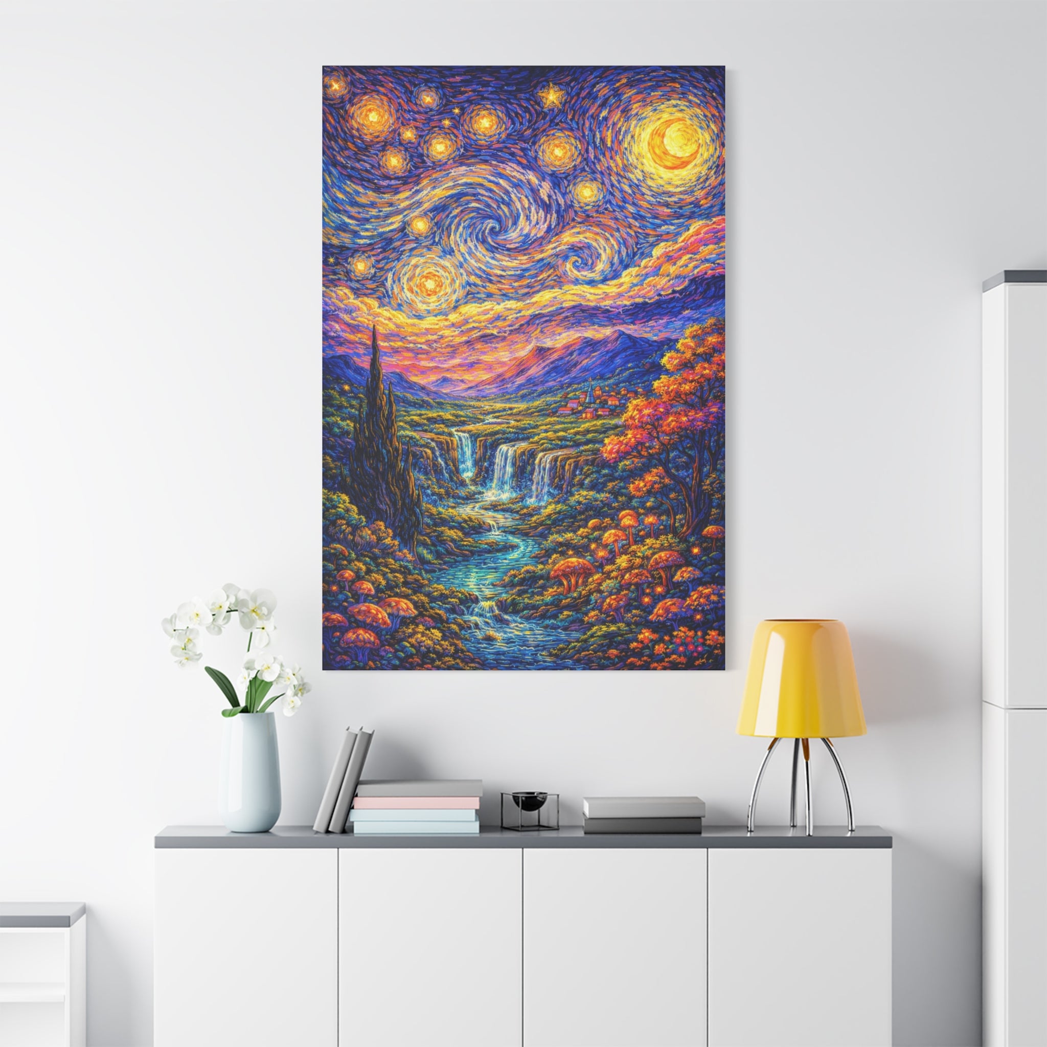 Starry Fantasy Landscape Matte Canvas Print — Vibrant Van Gogh‑Style Wall Art