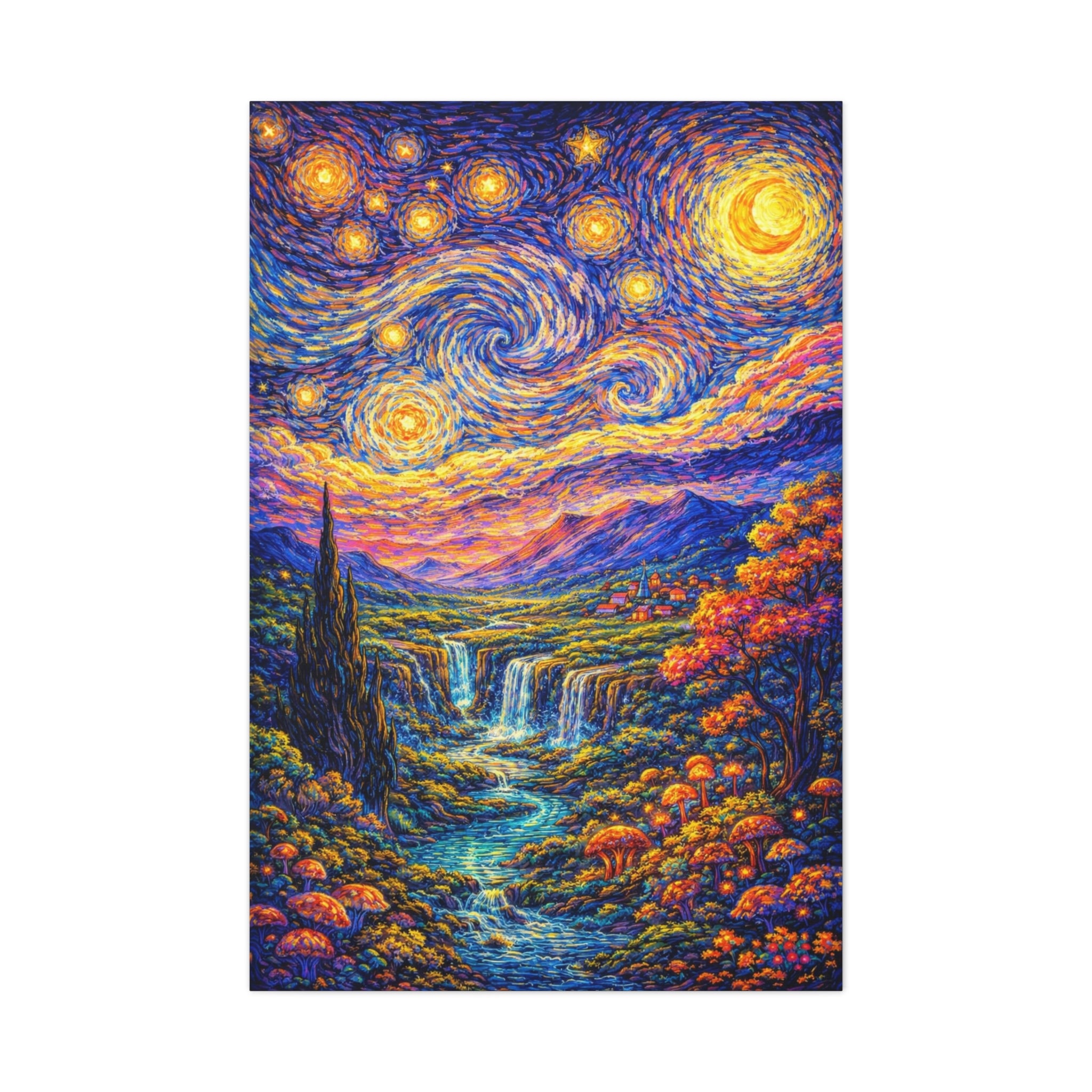 Starry Fantasy Landscape Matte Canvas Print — Vibrant Van Gogh‑Style Wall Art
