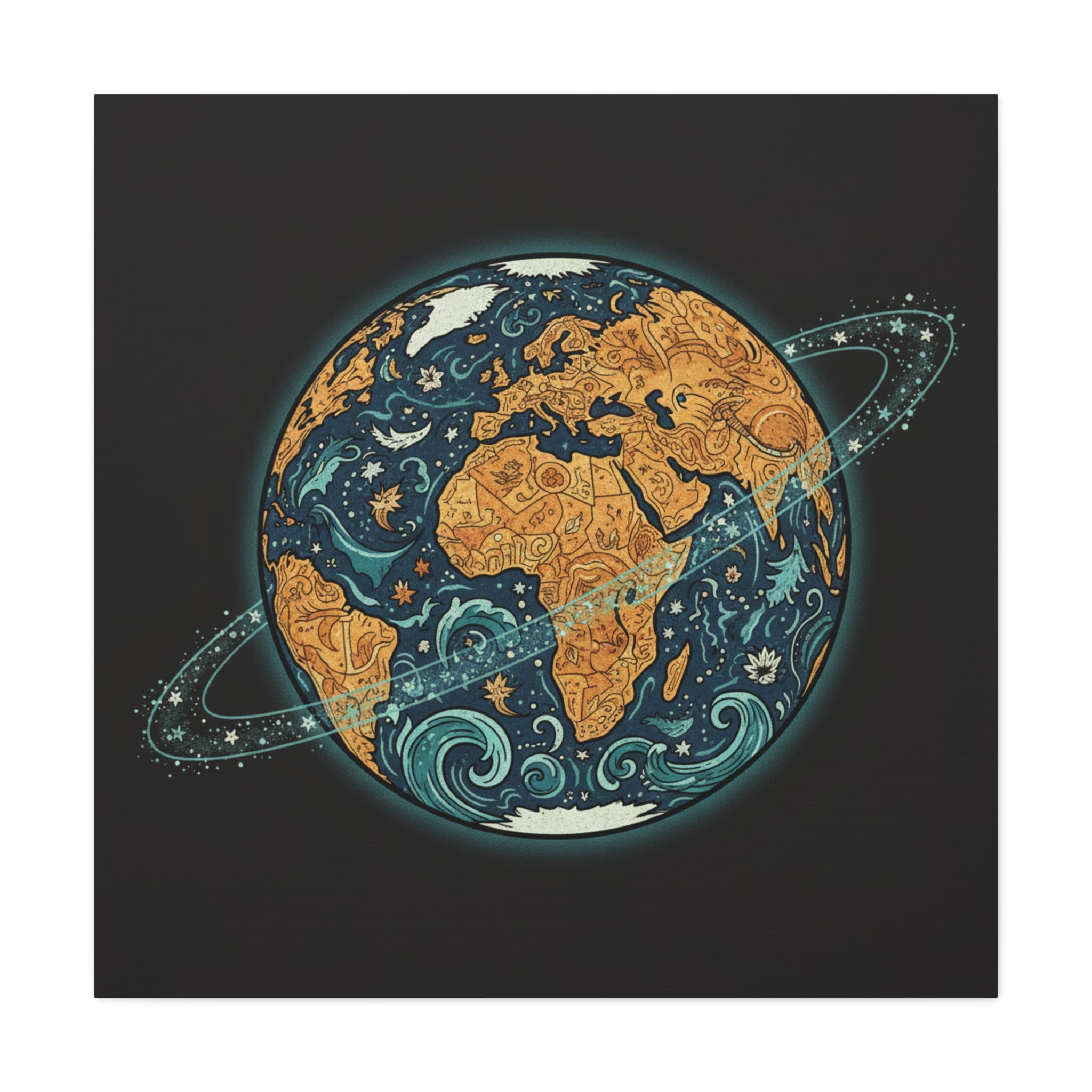Cosmic Earth Matte Canvas Print — Illustrated Planet with Ocean Waves & Starry Rings