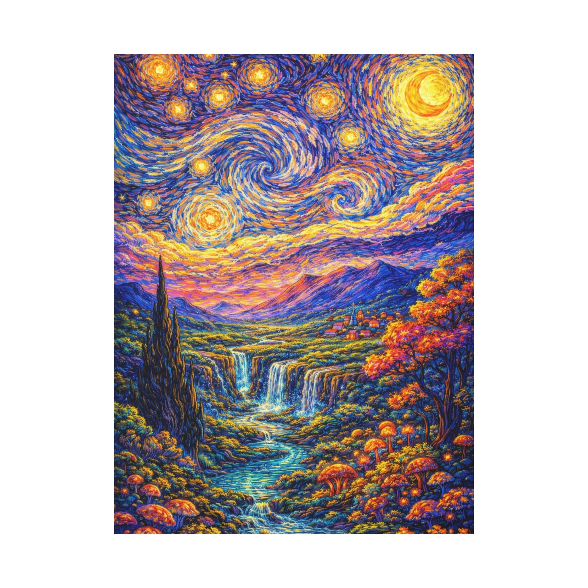 Starry Fantasy Landscape Matte Canvas Print — Vibrant Van Gogh‑Style Wall Art
