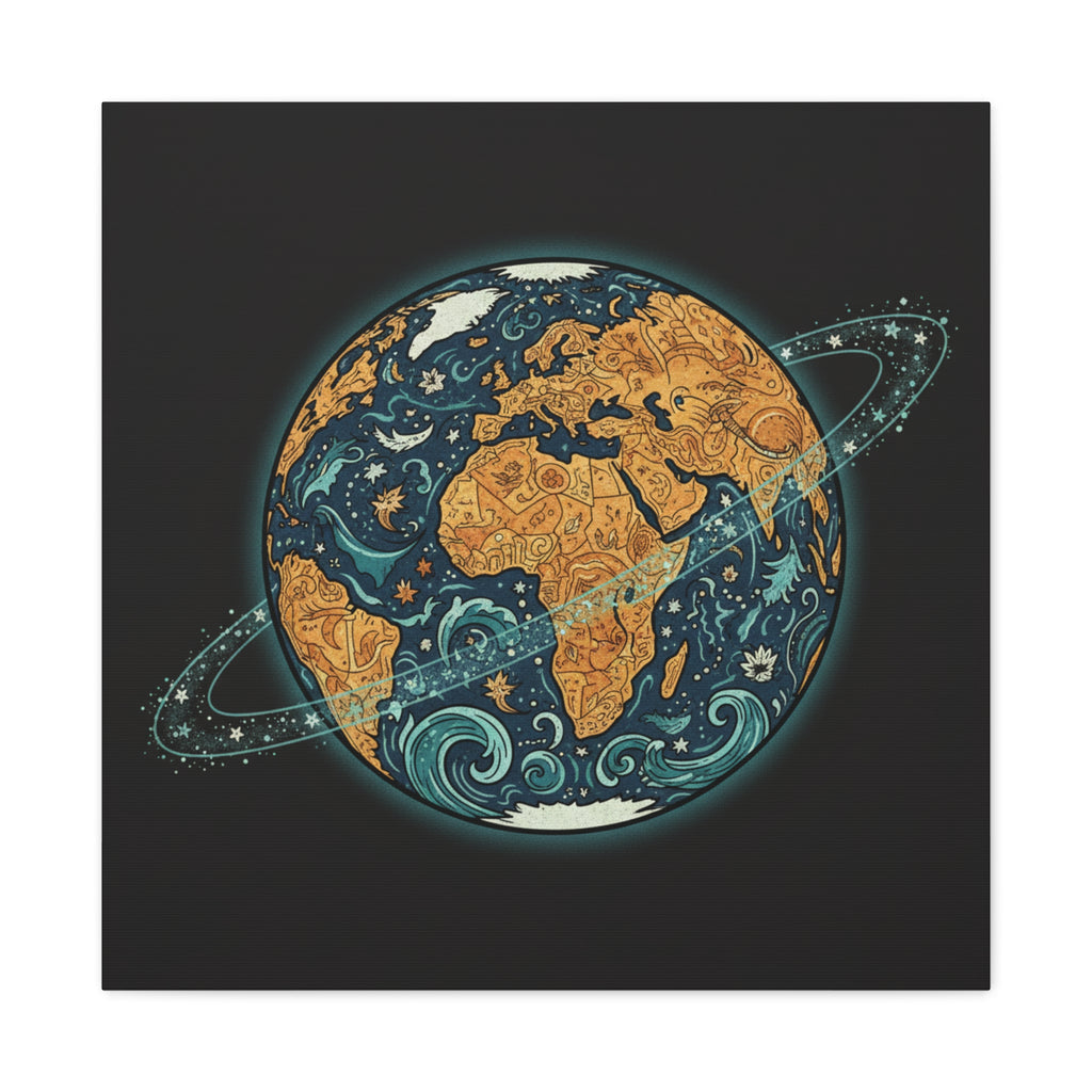 Cosmic Earth Matte Canvas Print — Illustrated Planet with Ocean Waves & Starry Rings