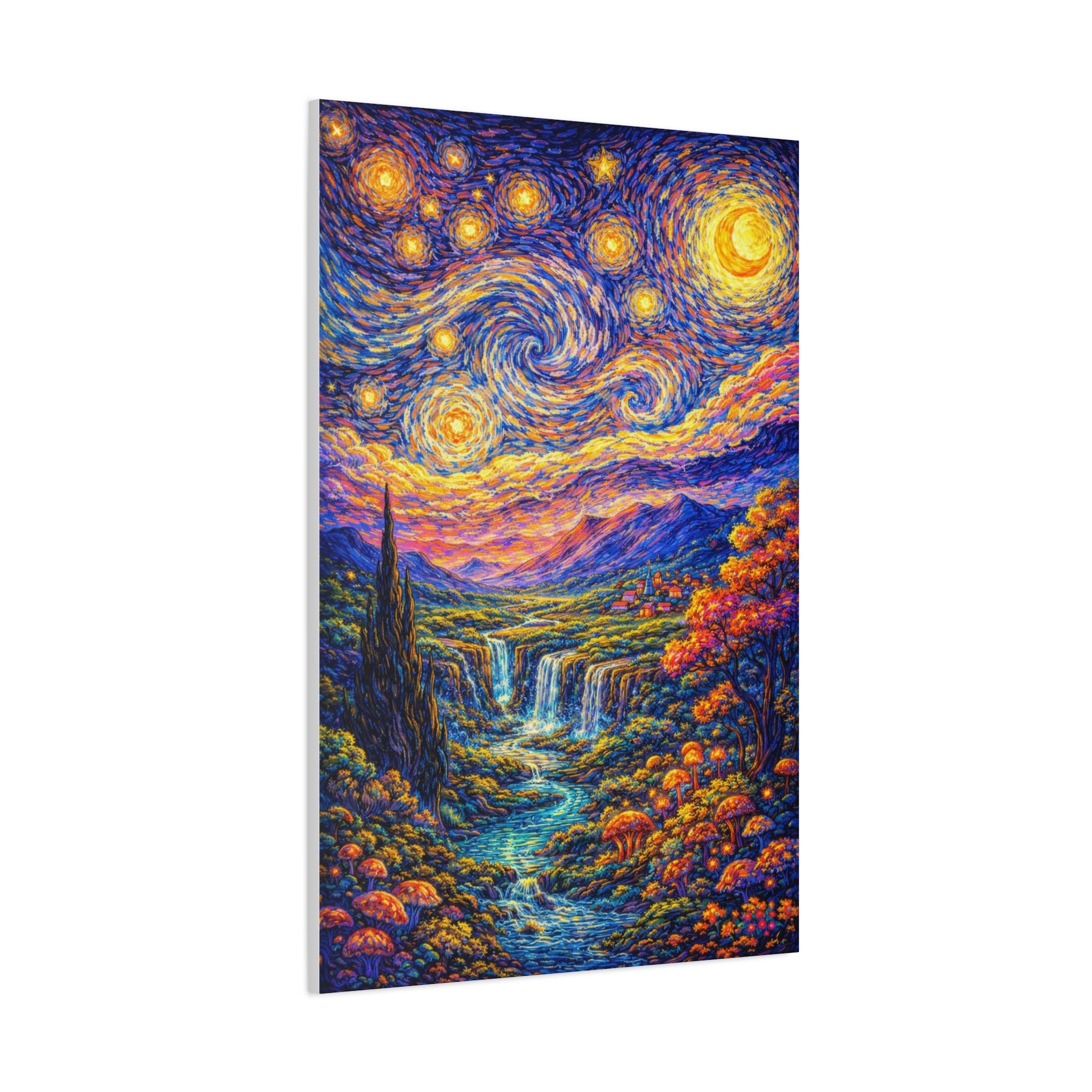 Starry Fantasy Landscape Matte Canvas Print — Vibrant Van Gogh‑Style Wall Art