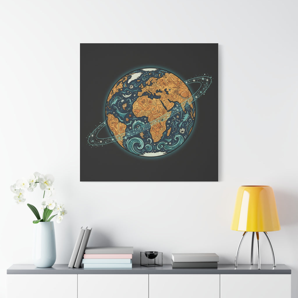 Cosmic Earth Matte Canvas Print — Illustrated Planet with Ocean Waves & Starry Rings