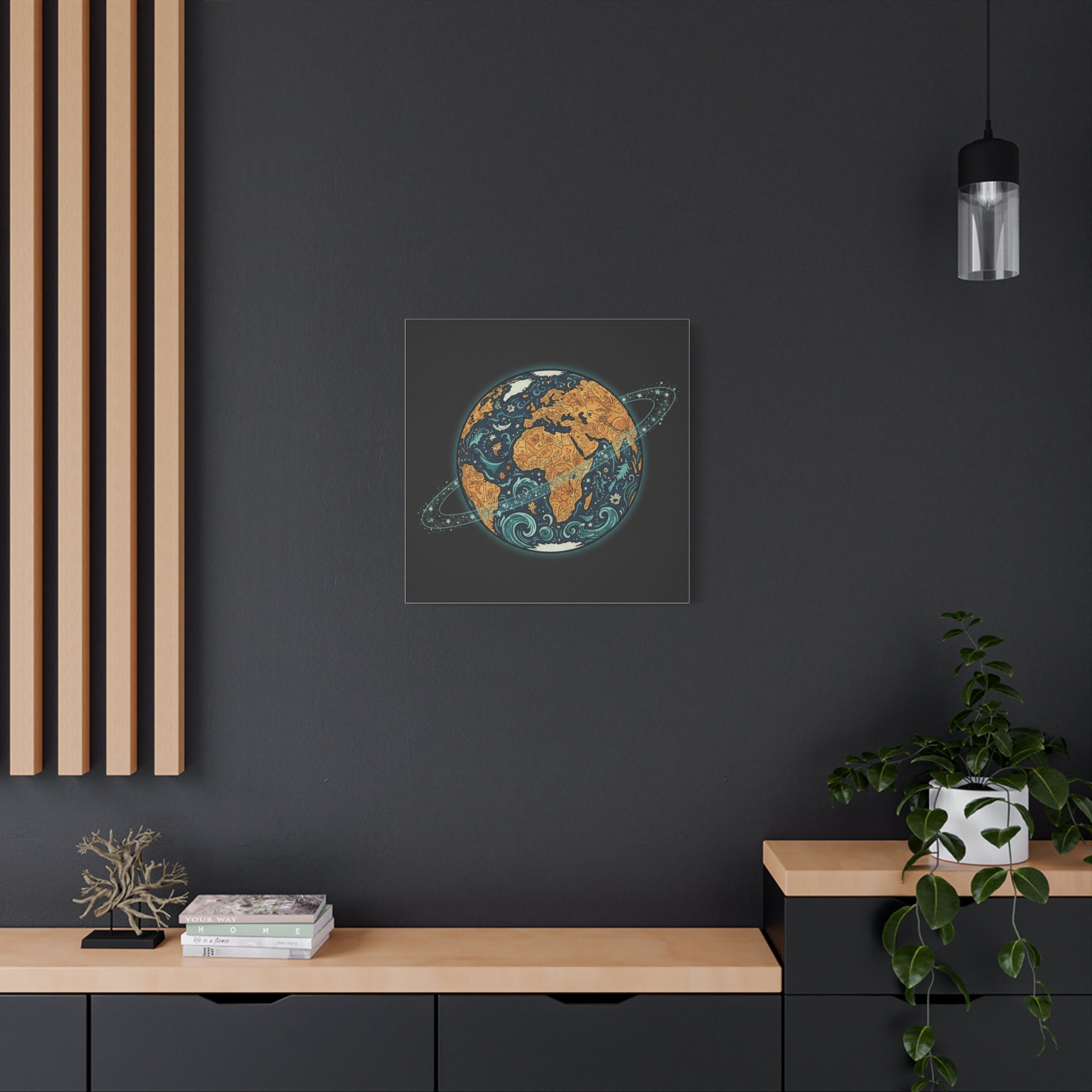 Cosmic Earth Matte Canvas Print — Illustrated Planet with Ocean Waves & Starry Rings
