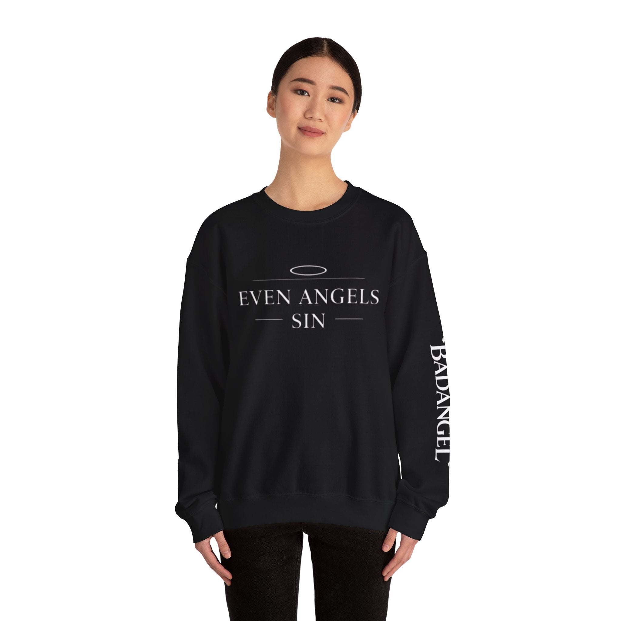 Crewneck Sweatshirt "Even Angels Sin" — Subtle Halo & Wings Graphic